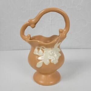 Vintage Weller Handled‎ Basket Vase 7.5" Peach Orange Flower Cameo Art Pottery